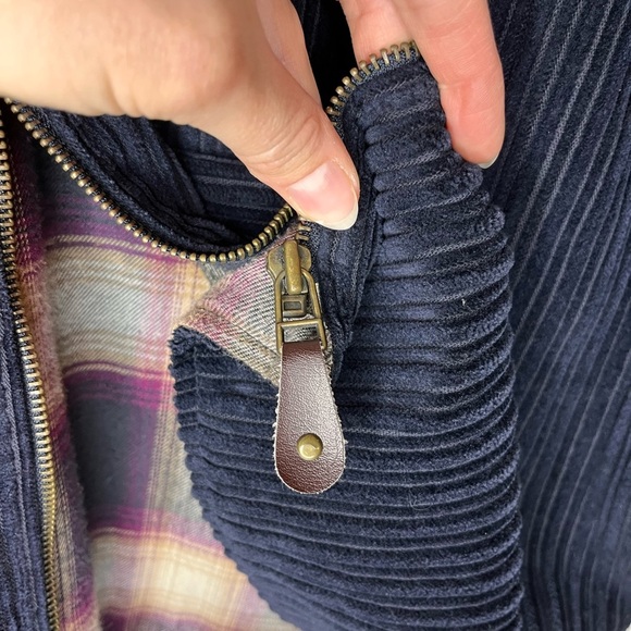 Denim & Co Vintage Corduroy Barn Coat Chore Jacket Navy Plaid Suede Collar Sz M - Picture 10 of 12